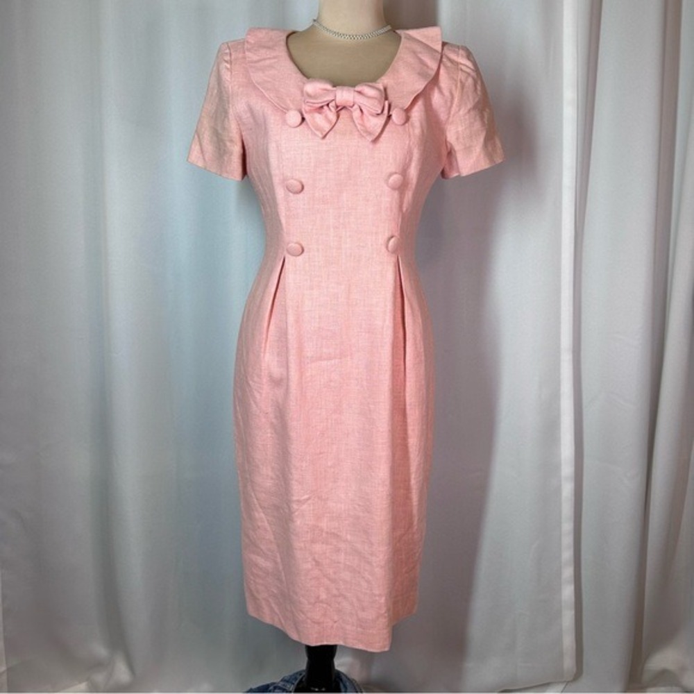 Vintage Cynthia Howie for Maggy Boutique Pink Ramie Bow Sheath Dress Sz 4 READ